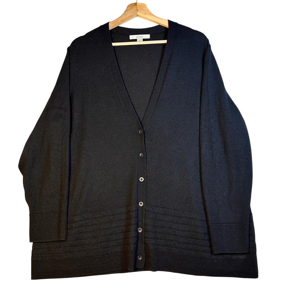 Sejour Cardigan Women 2X Black Wool Blend ClassicV-Neck Button Front Long Sleeve